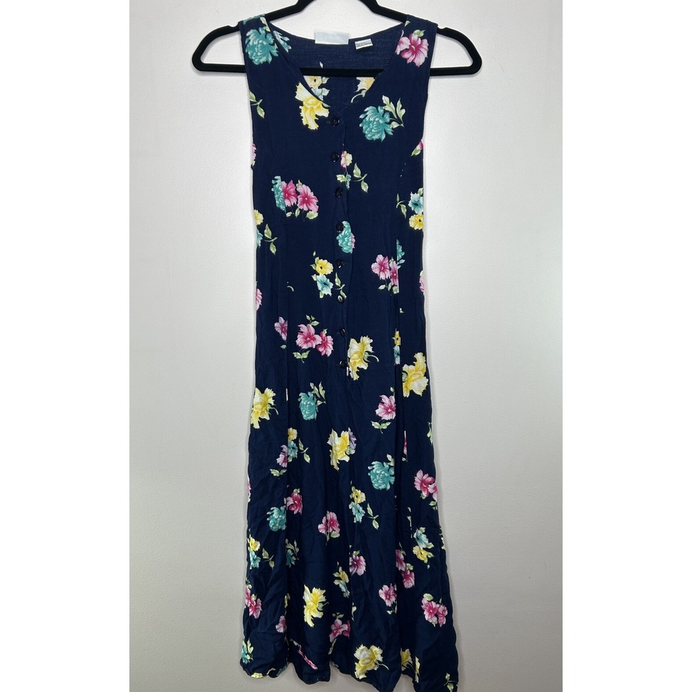 Toujours 90s Grunge Blue Floral Button Down Dress Sleeveless Vintage Size Large
